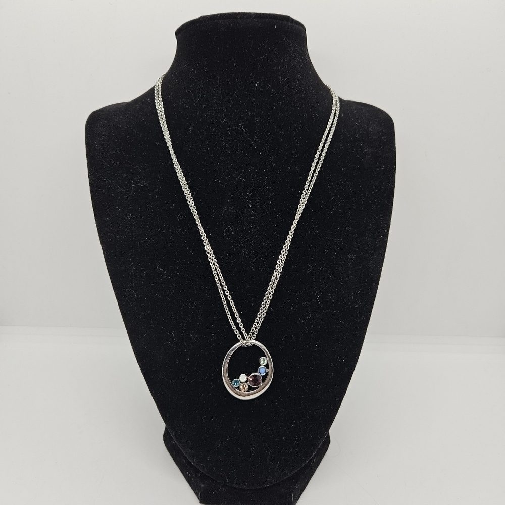 Lia Sophia silver tone double chain necklace with multi rhinestone pendant